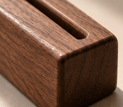 Close-up of the solid walnut stand and its card slot