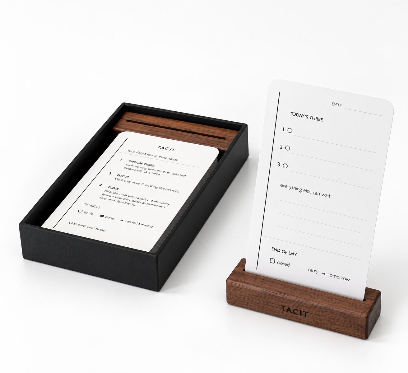 TACIT Focus System: black box with Focus Cards and a walnut stand holding a card