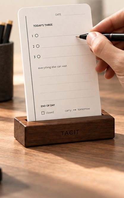 A hand writing three priorities on a Focus Card in the walnut stand
